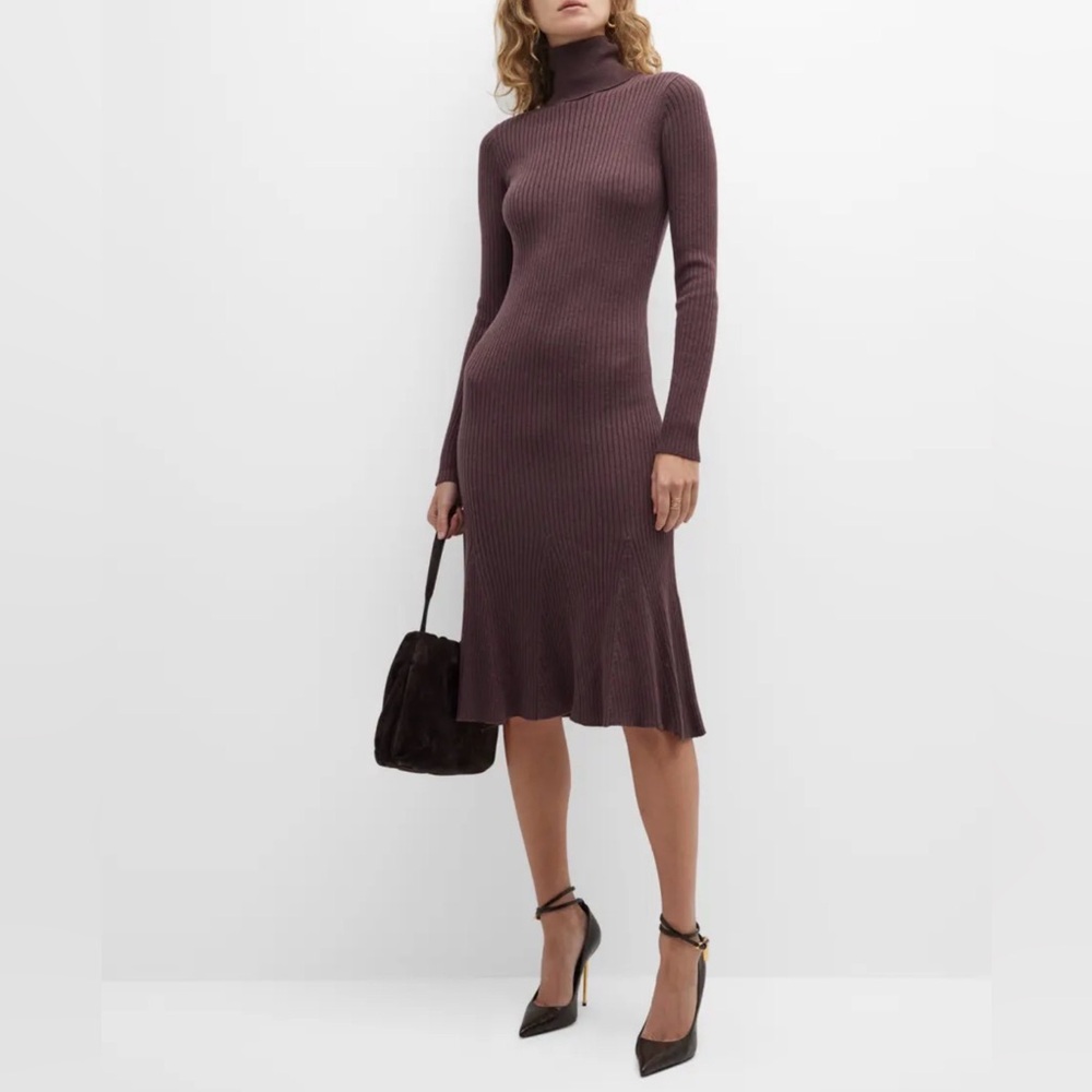 DONNA KAREN Ribbed Turtleneck Flare Midi Sweater Dress. Size Small.